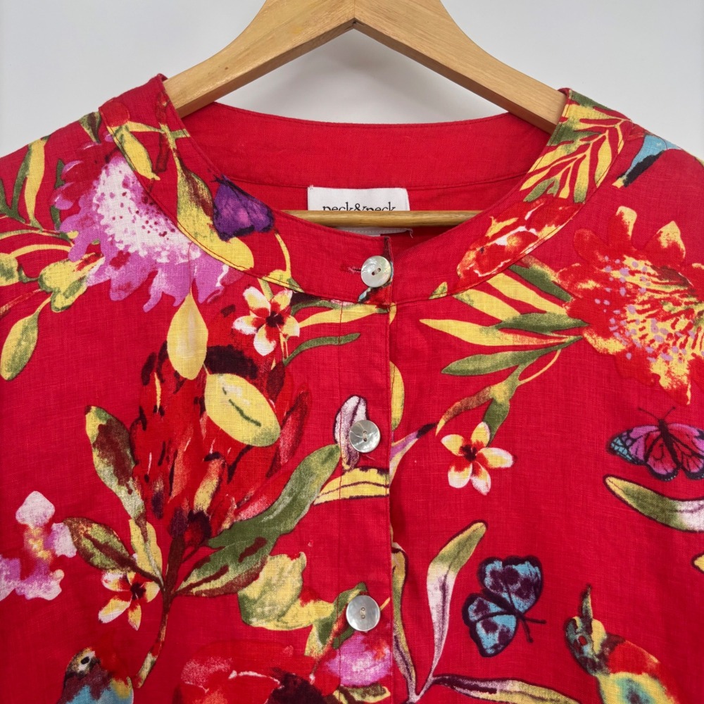 NWT Peck & Peck Reversible 100% Linen Jacket Red Floral Tropical Size L Boxy - Picture 5 of 11